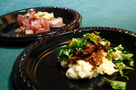 The Poke Sampler from Nico's at Pier 38 and Braised Lamb and Fresh Hawaii Vegetables from 12th Avenue Grill